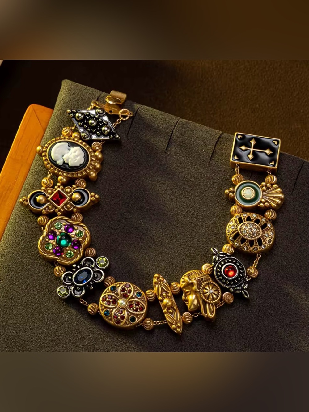 Vintage Art Deco Charm Bracelet | Antique Gold Statement Bracelet | Colorful - Picture 9 of 12